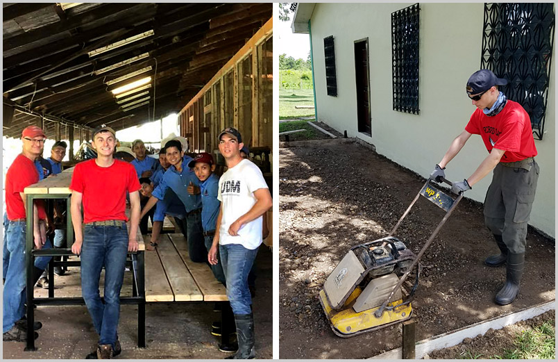 A photo of Michael with other team members and students from El Sembrador with the completed risers (left) Michael preparing the area for concrete to be poured (right)