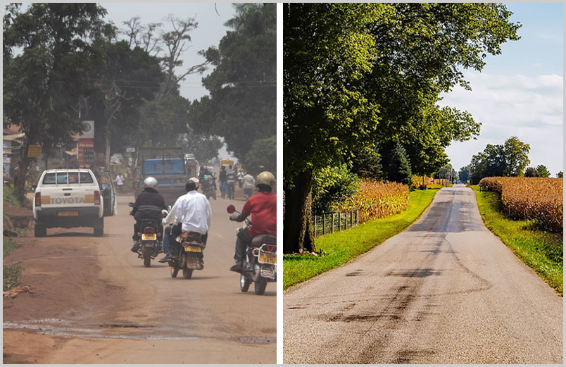 Photo of a busy, dusty Ugandan road and a photo of a rural Indiana road through cornfields