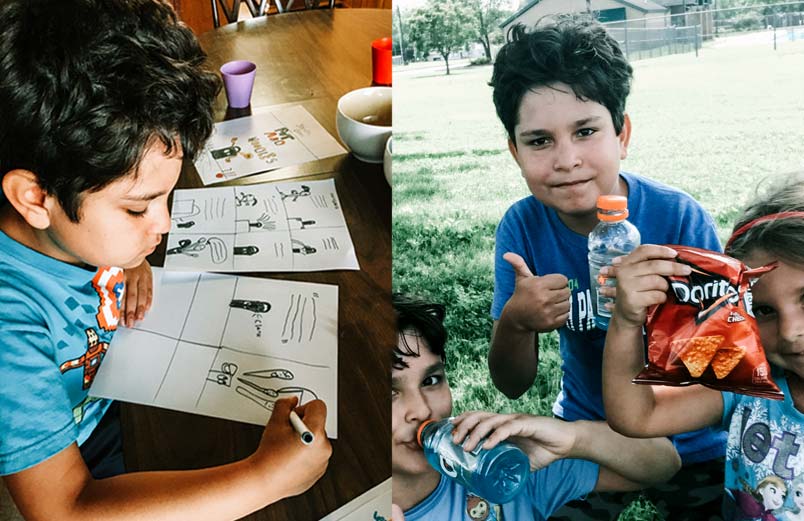 A photo of a boy drawing next to a photo of two boys and a girl eating Doritos and drinking Gatorade outside in summer