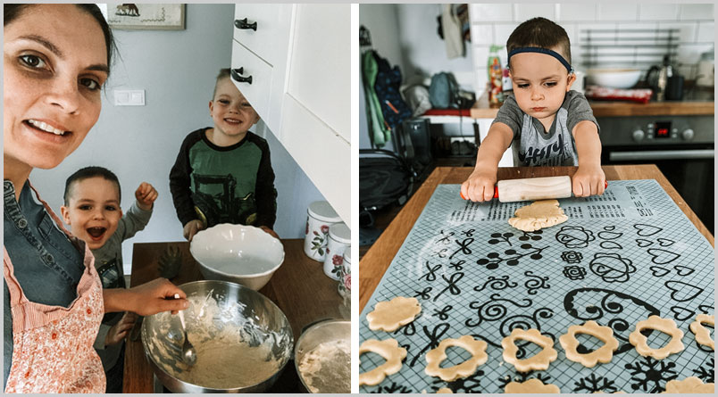 A photo of Eszti and the older boys making Linzer cookies