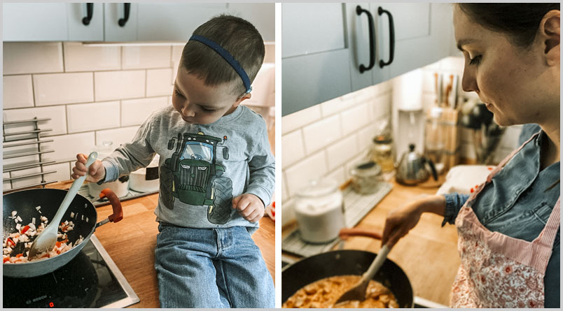 A photo of one of the boys sitting on the counter beside the stove, stirring the chicken in a skillet, and a photo of Ezsti standing by the stove, stirring the chicken.