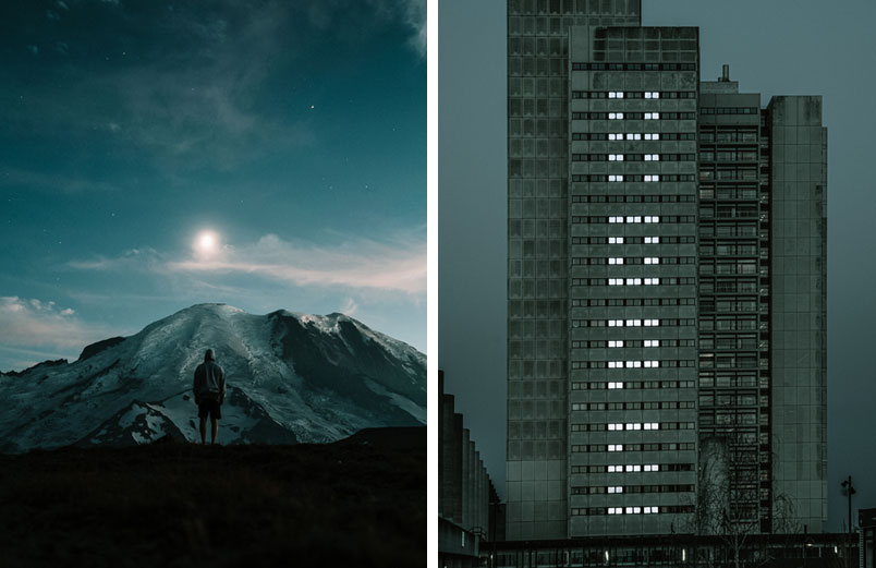 A photo of a person looking at a mountain with a pale sun in the distance and a photo of a gray skyscraper with the word HOPE formed by lights in windows.