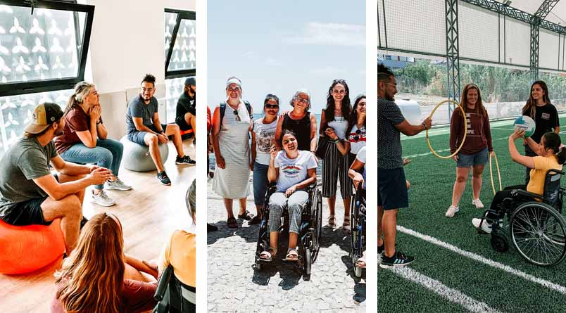 Three photos of VT students interacting with visiting team members by sharing their testimonies, accompanying them on fun excursions, and playing games on the soccer field.