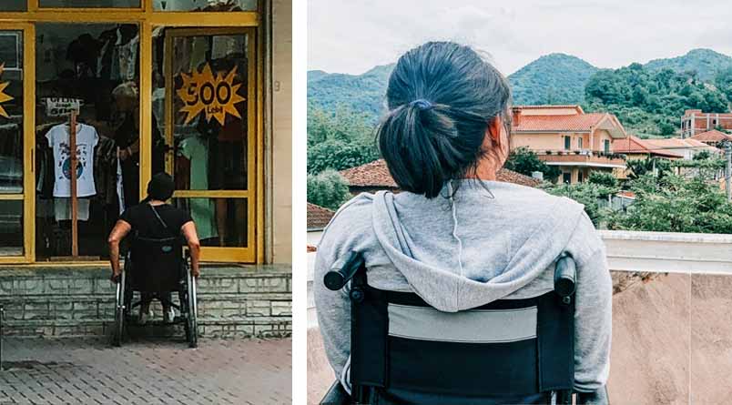 Photo of a person in a wheelchair, unable to enter a store because of steps blocking the way and a photo of a person in a wheelchair on the roof of the VT facility looking out over the village.