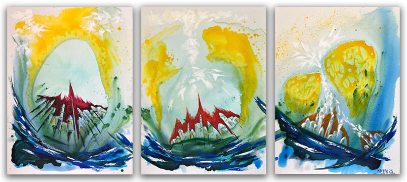 Three paintings side-by-side showing the progression from a city isolated from the light shining above to the light entering and transforming lives.