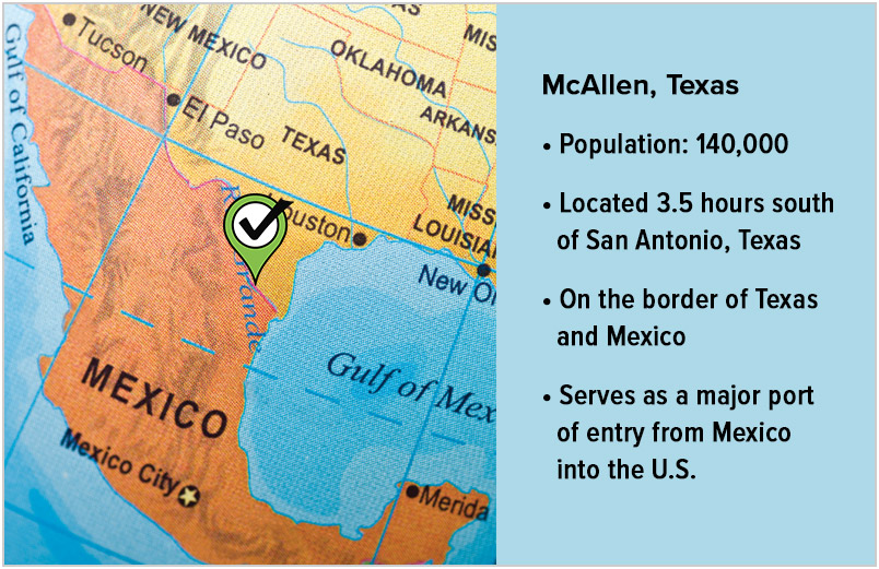 Map of Texas/Mexico border with McAllen highlighted