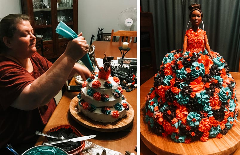 A photo of a woman decorating a Barbie birthday cake next to a photo of the finished cake