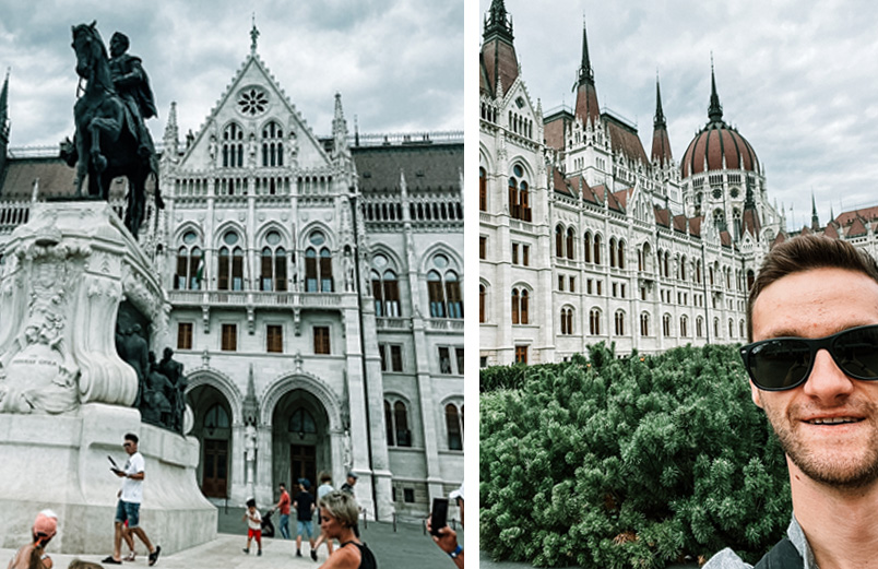 Two views of an ornate government building. One view shows a statue of a man on a horse with visitors walking below and the other shows Jake in the forground with another view of the building with a dome and towers.