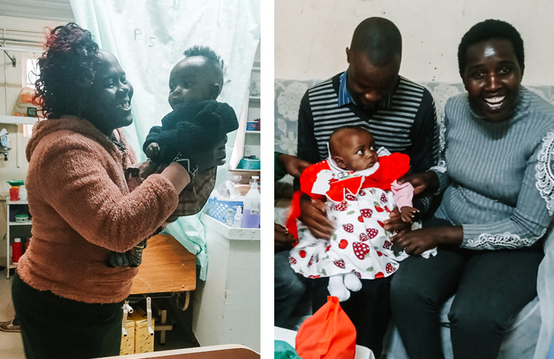 A photo of a woman and a baby smiling at each other beside another photo of a man looking down at the baby he is holding and a woman smiling with joy