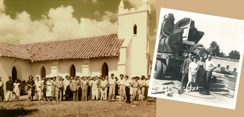 Two old photos, one with a large group of people standing in front of a large building with a steeple and a photo of farm equipment with four people in front.