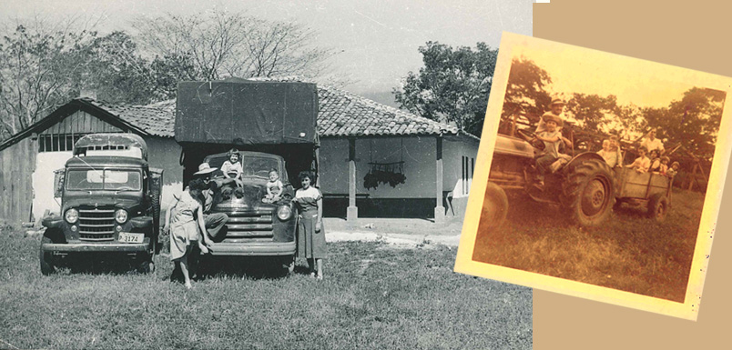 An old photo of two trucks with five people, in front of a house and a second old photo of a wagon of children being pulled by a tractor