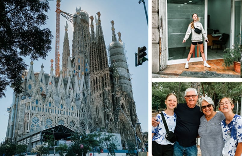 A photo of a large cathedral, beside of a photo of a younr girl standing on a sidewalk in front of an open office door and two adults and two girls posing for a photo.