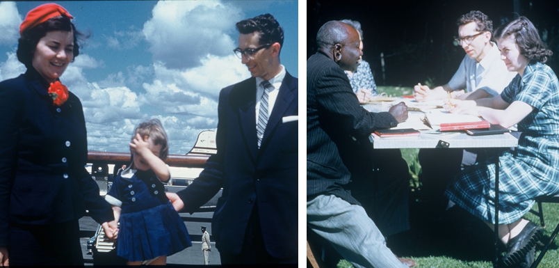 A photo of a man and a woman with a little girl at an airport with an airplane in the background beside a photo of the same man and woman sitting at a table from their teacher, taking notes.