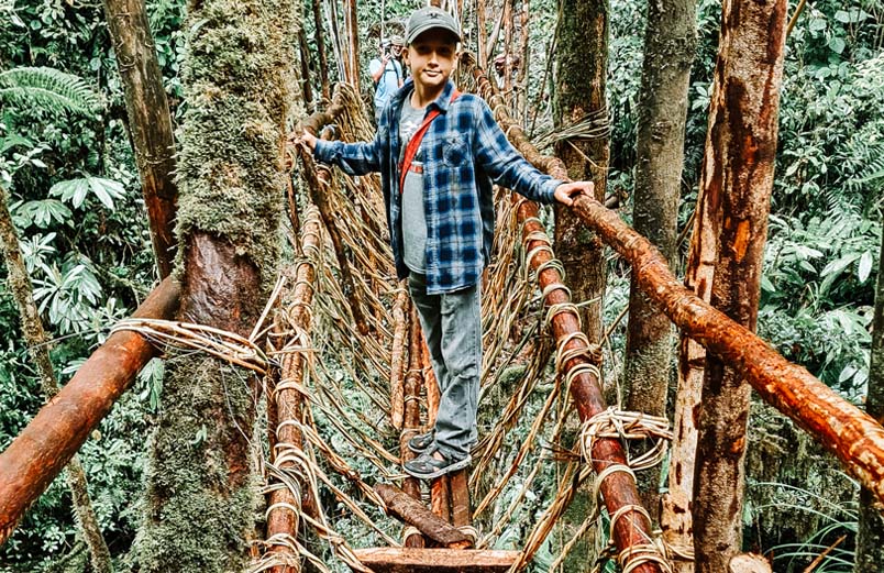 A young boy standing on a suspension bridge made of ropes and small logs