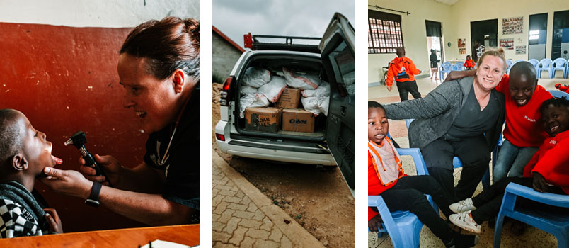 Three photos: a doctor examining a patient, a van loaded with food, a woman and three children in an activity rooom